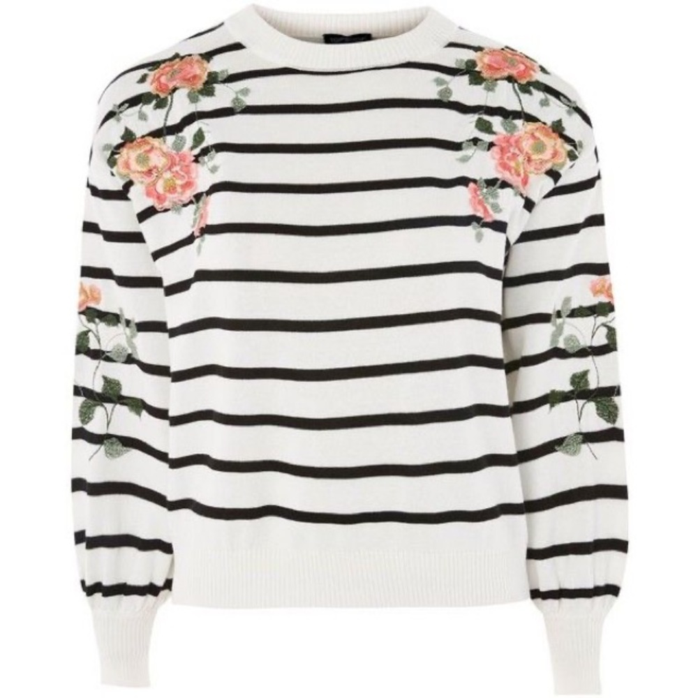 Topshop White and Black Striped Sweater with Pink Floral Embroidery